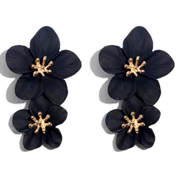 Big Black Double Flower Earrings 3D Gothic Hibiscus 2 Goth Boho Flowers New - Picture 1 of 5